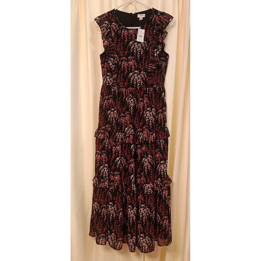 NWT J. Crew Black Floral Tiered Ruffle Sleeveless Maxi CottageCore Dress Size 00